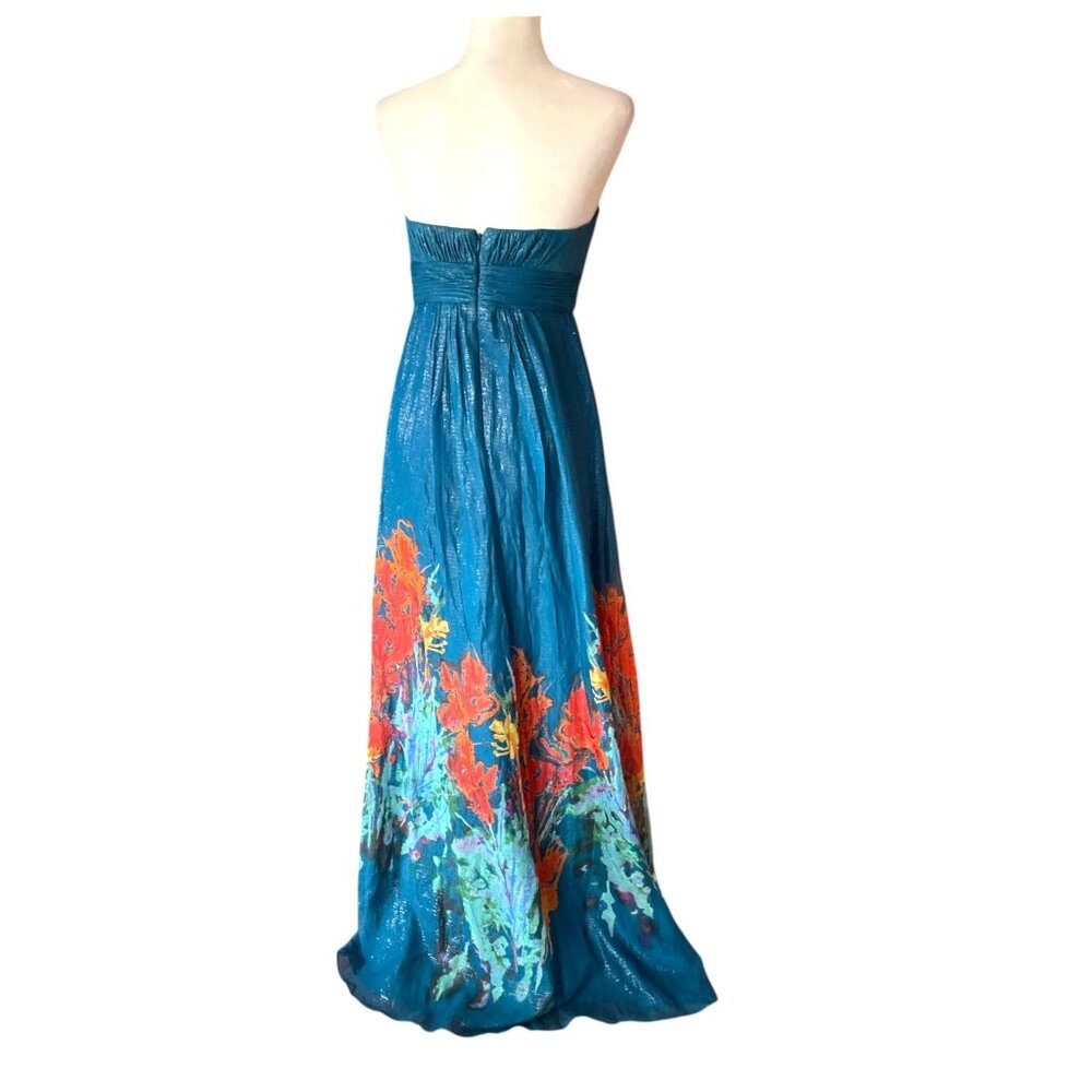 Vintage Aqua Silk Blend Fairycore Strapless Maxi Dress Floral Boho Goddess Sz 6 - Picture 5 of 16